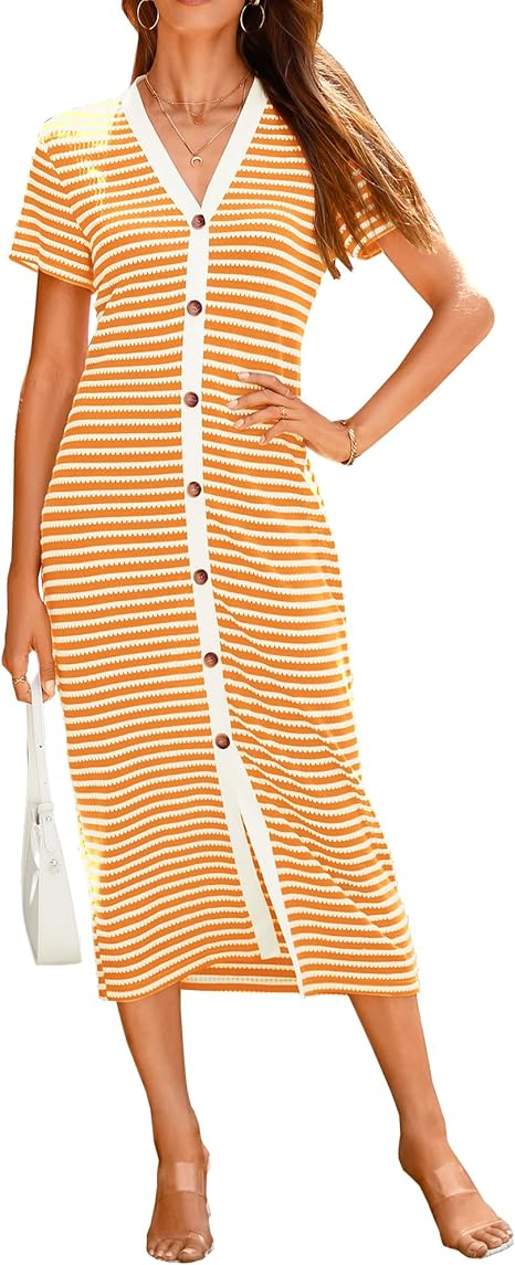 Women’s Striped Ribbed Knit Midi Dress with Short Sleeves