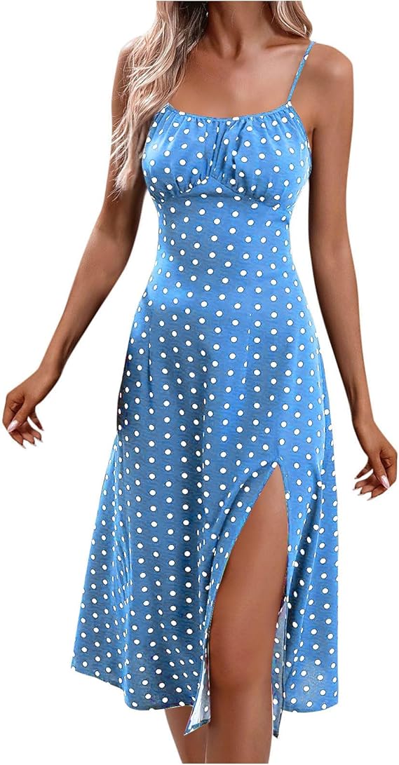 Women’s Polka Dot Spaghetti Strap Midi Dress with Side Slit
