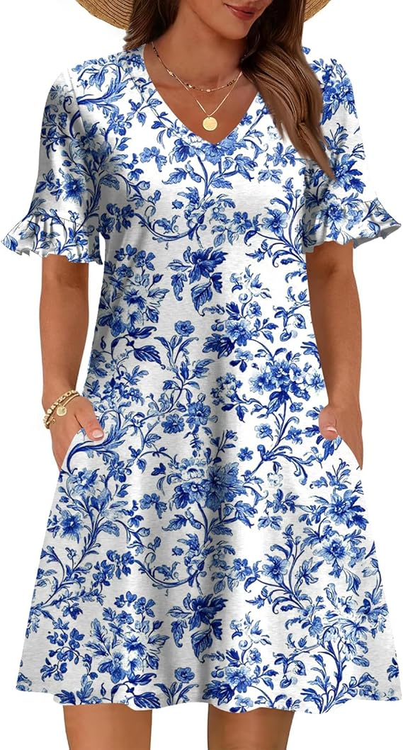 Women’s Floral Print Midi Dress with Ruffle Short Sleeves and Pockets