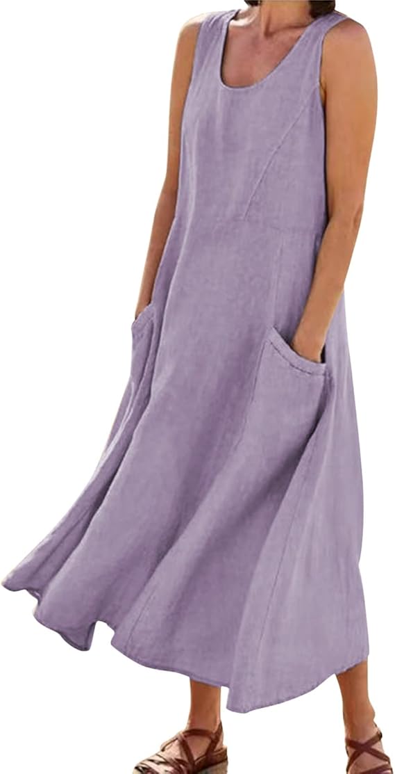 Women’s Sleeveless Cotton Linen Maxi Dress Flowy Summer Beach Style