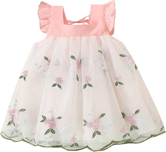 Toddler Girls Flower Embroidery Tulle Dress for Parties and Beach