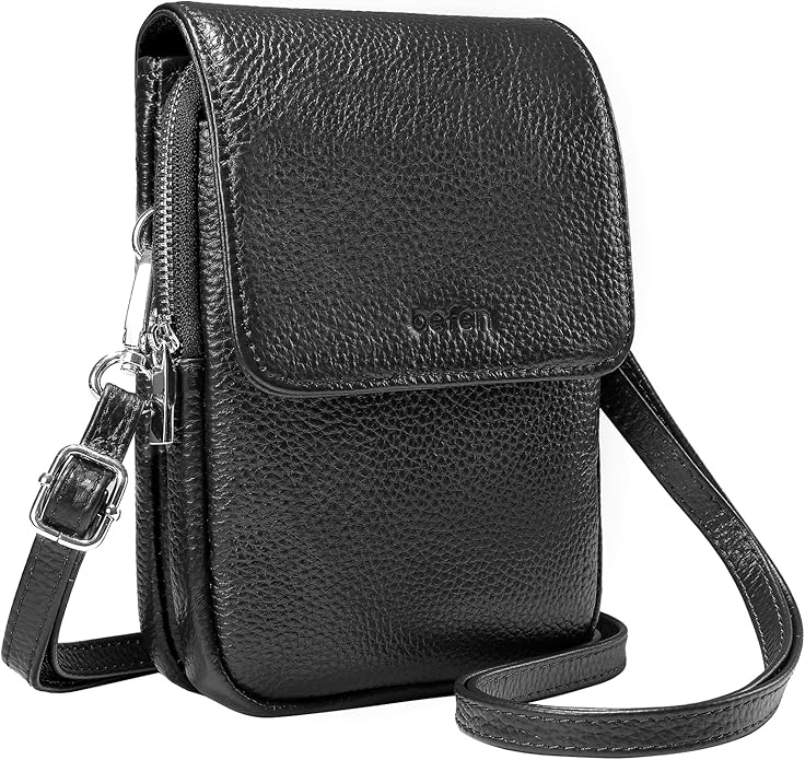 Genuine Leather Small Crossbody Phone Bag with RFID Card Slots Black