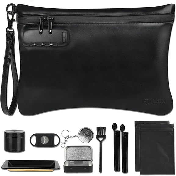 PU Leather Travel Storage Organizer Bag 10x7.8 Inch with Combination Lock Black