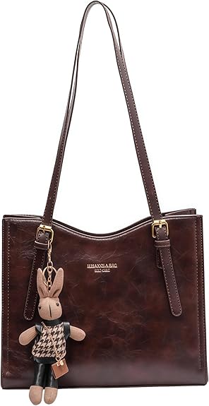 Vintage Style Vegan Leather Tote Shoulder Bag with Zipper Closure