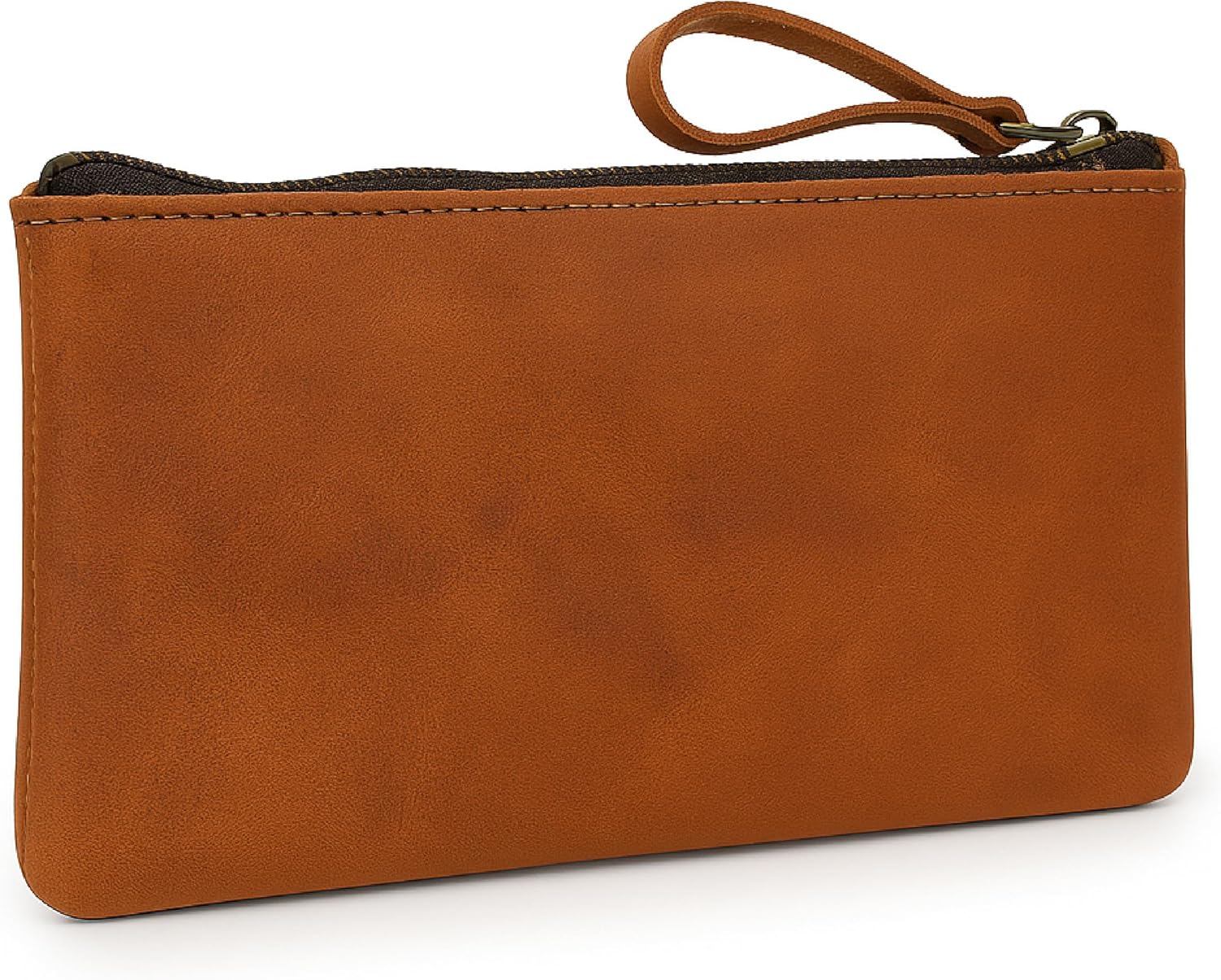 Genuine Buffalo Leather Zippered Pencil Pouch 8x4 Inch Tan Organizer