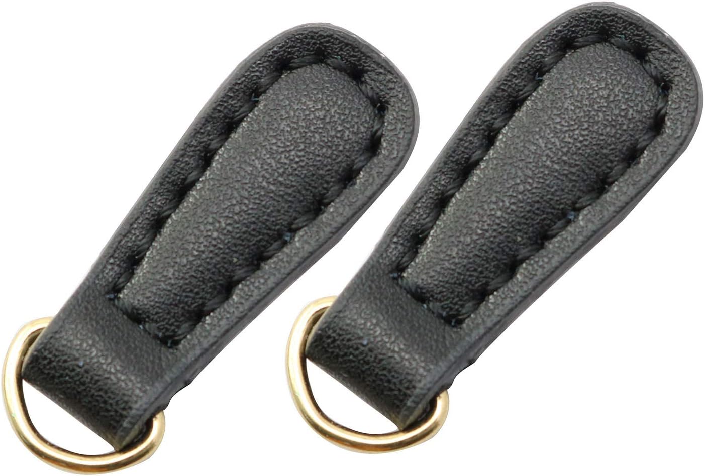 2PCS Genuine Leather Zipper Pull Tabs Black with Gold-Tone Metal Ring