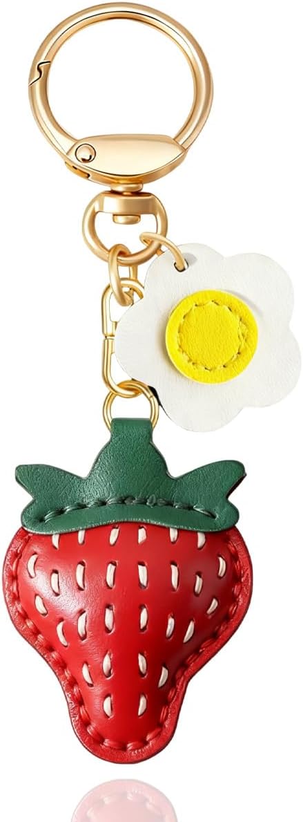 Strawberry Daisy Leather Bag Charm Red Floral Keychain Purse Accessory