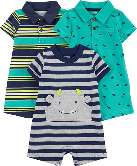 Baby Boys 3-Pack Short Sleeve Cotton Rompers with Snap Legs