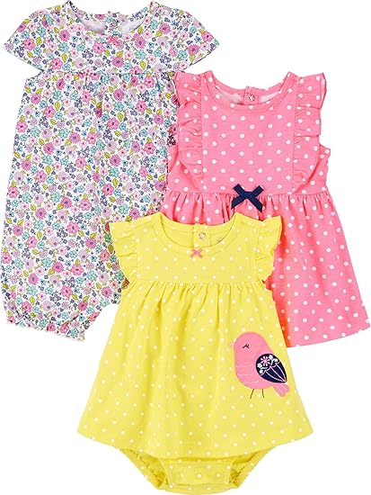 Baby Girls 3-Piece Romper Sunsuit Dress Set, Machine Washable, Everyday