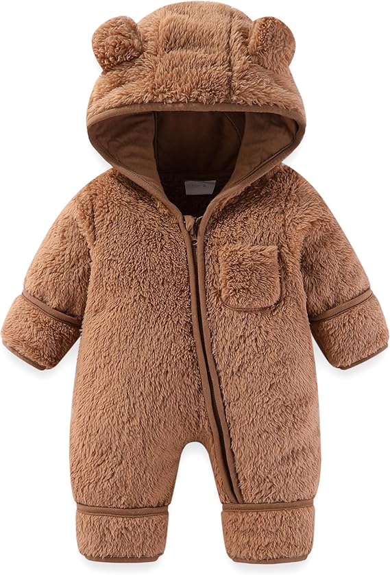 Baby Hooded Bear Fleece Snowsuit with Fold-Over Mittens, 0–24M