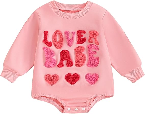 Baby Valentine Long Sleeve Sweatshirt Romper with Button Closure, 0–18M