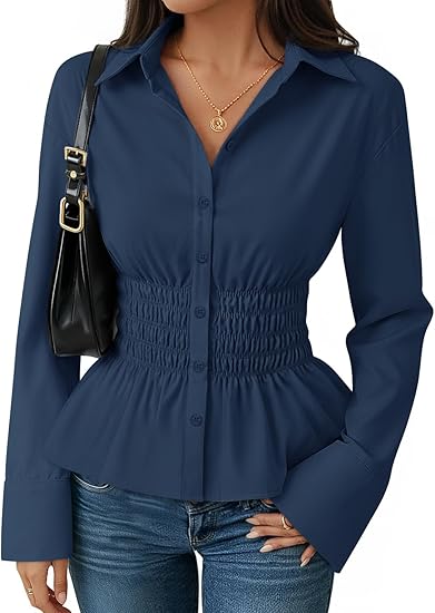 Women’s Long Sleeve Button Down Peplum Blouse with Smocked Waist