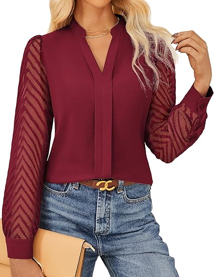 Women’s Pleated V-Neck Blouse with Sheer Lace Puff Sleeves