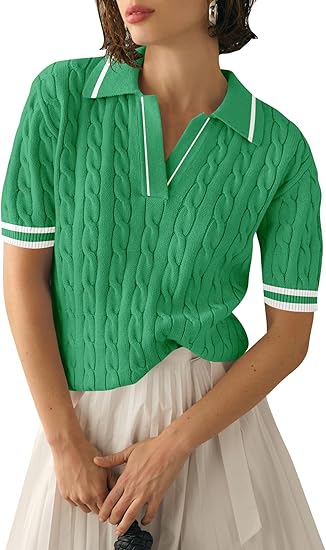 Women’s Short Sleeve Cable Knit Polo Sweater Top, Lapel V-Neck