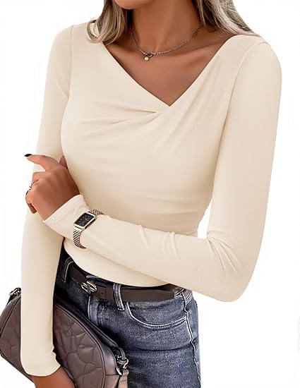 Women’s Ruched Asymmetrical Neck Long Sleeve Slim Fit Knit Top