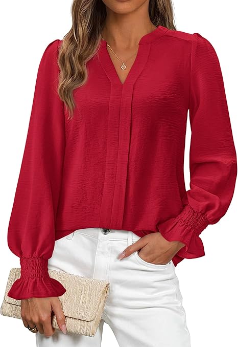 Women’s Long Sleeve V-Neck Pleated Chiffon Blouse, Loose Fit