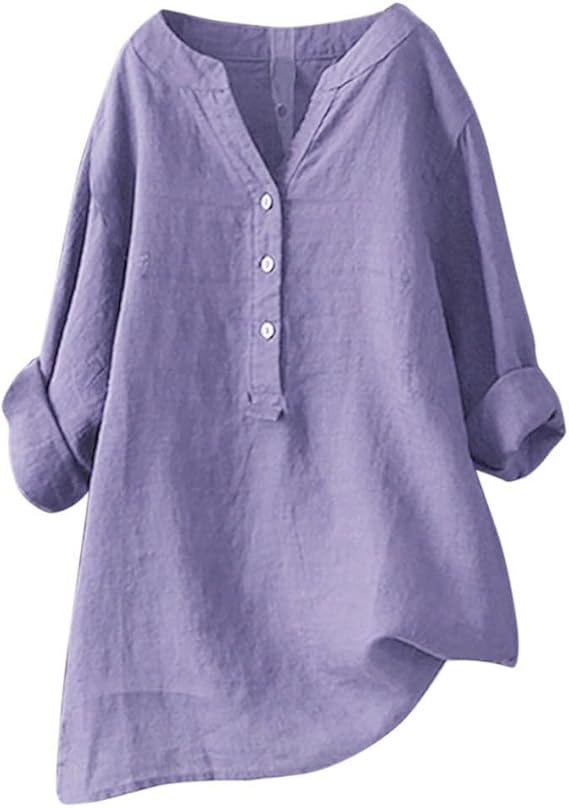 Women’s Cotton Linen Button V-Neck Long Sleeve Loose Tunic Top