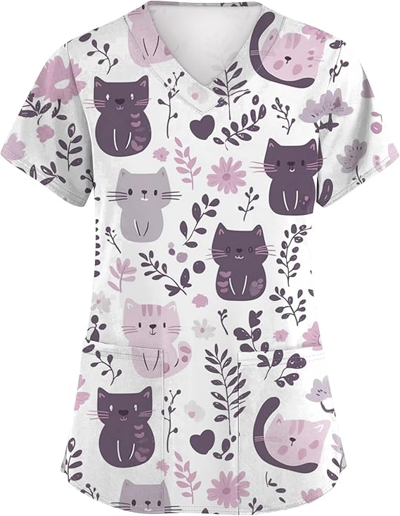 Women’s V-Neck Heart Print Scrub Top with Pockets, 2026