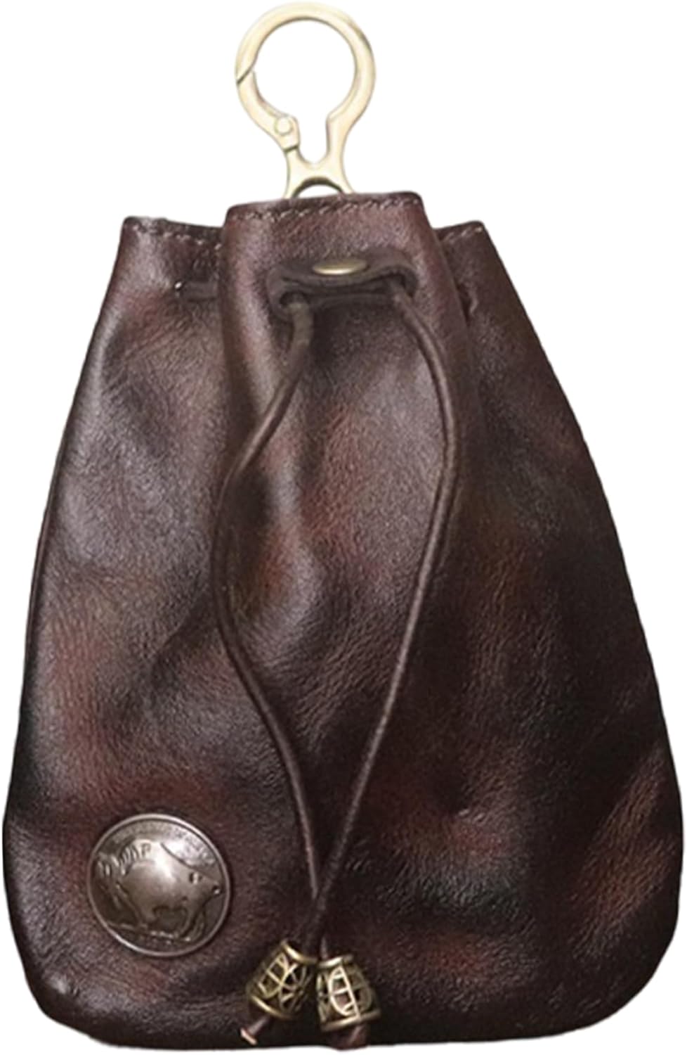 Mini vintage leather drawstring coin pouch with keychain