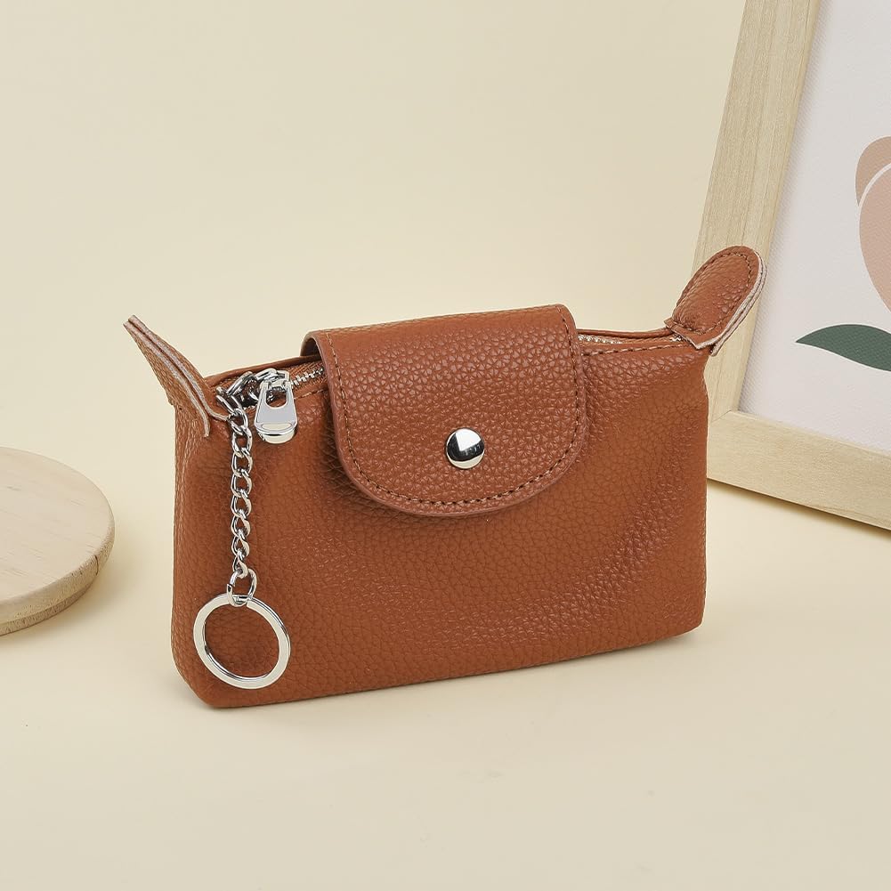 Women’s Coin Purse with Keychain in Brown Imitation Leather