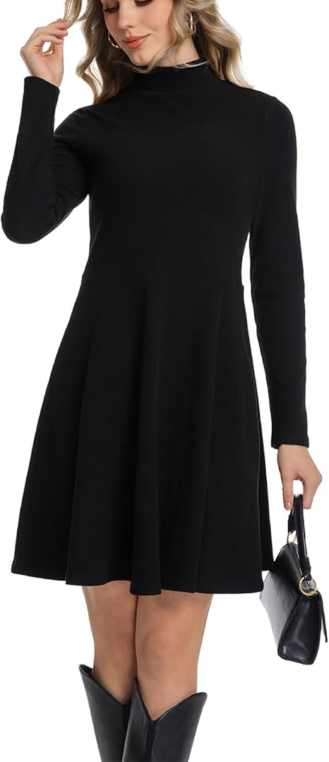 Long Sleeve Dress for Women Turtleneck Ribbed Knit A-Line Flowy Casual