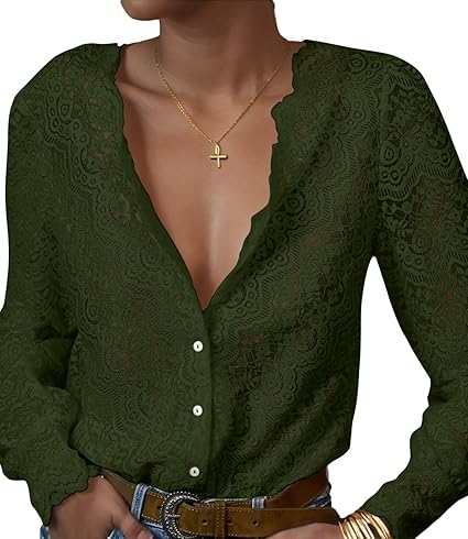 Lace Top for Women Puff Long Sleeve V Neck Button Down Blouse