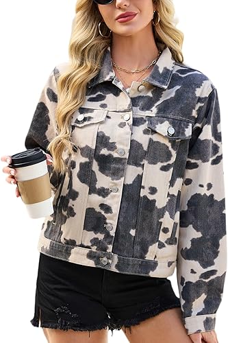 Oversized Women's Denim Jacket Long Sleeve Casual Animal Print Coat