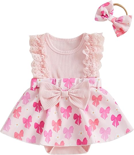 Newborn Girl Summer Outfit Cute Fly Sleeve Ruffle Knit Romper Dress Bowknot
