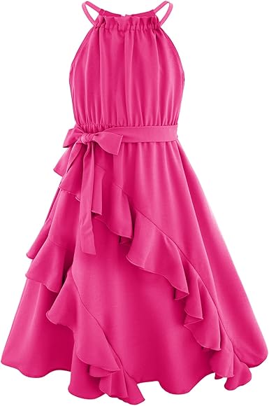 Tween Girls Halter Tie Back Tiered Ruffle A-Line Summer Dress