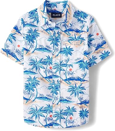 Boys Short Sleeve Button Down Shirt Tropical Print Cotton Poplin