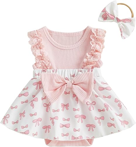 Newborn Girl Summer Outfit Cute Fly Sleeve Ruffle Knit Romper Dress Bowknot