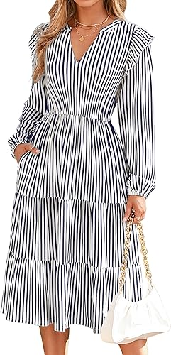 Long Sleeve Midi Dress Flowy Tiered A-Line V Neck Casual Dress