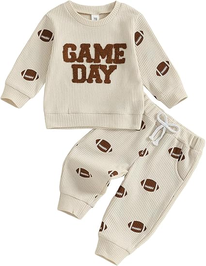 Football Embroidery Waffle Knit Sweatshirt and Pants Set