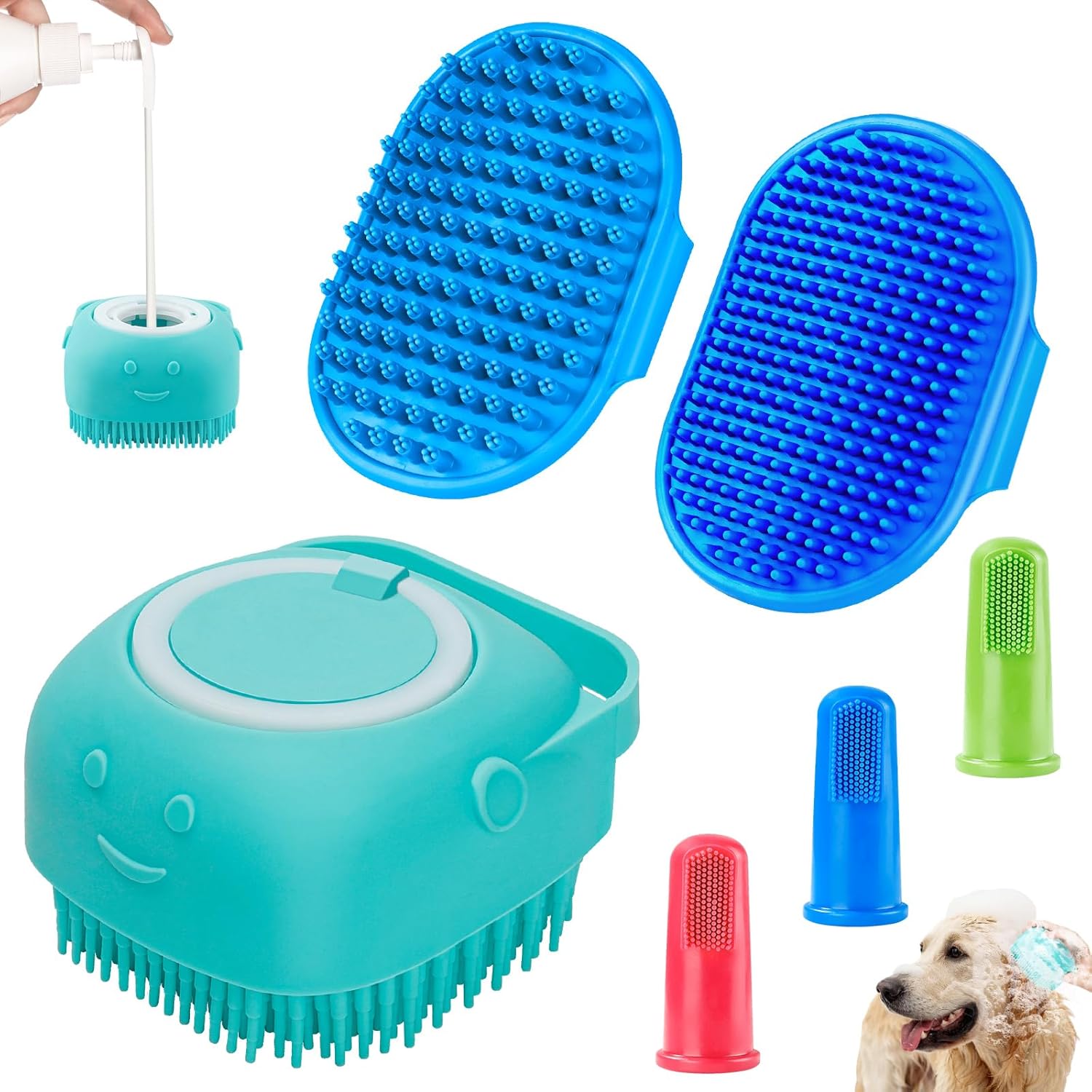 6PCS Dog Bath Brush and Toothbrush Set Blue