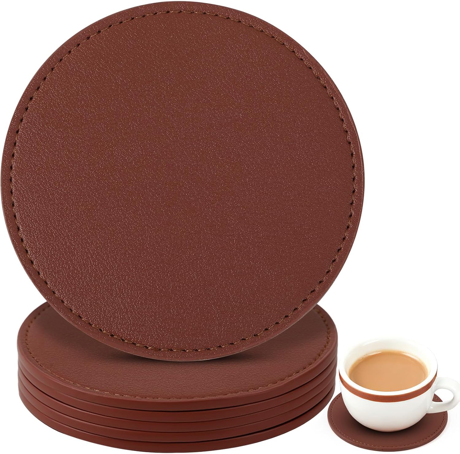 Leather Drink Coasters Set of 6, 4 Inch, Round, Brown