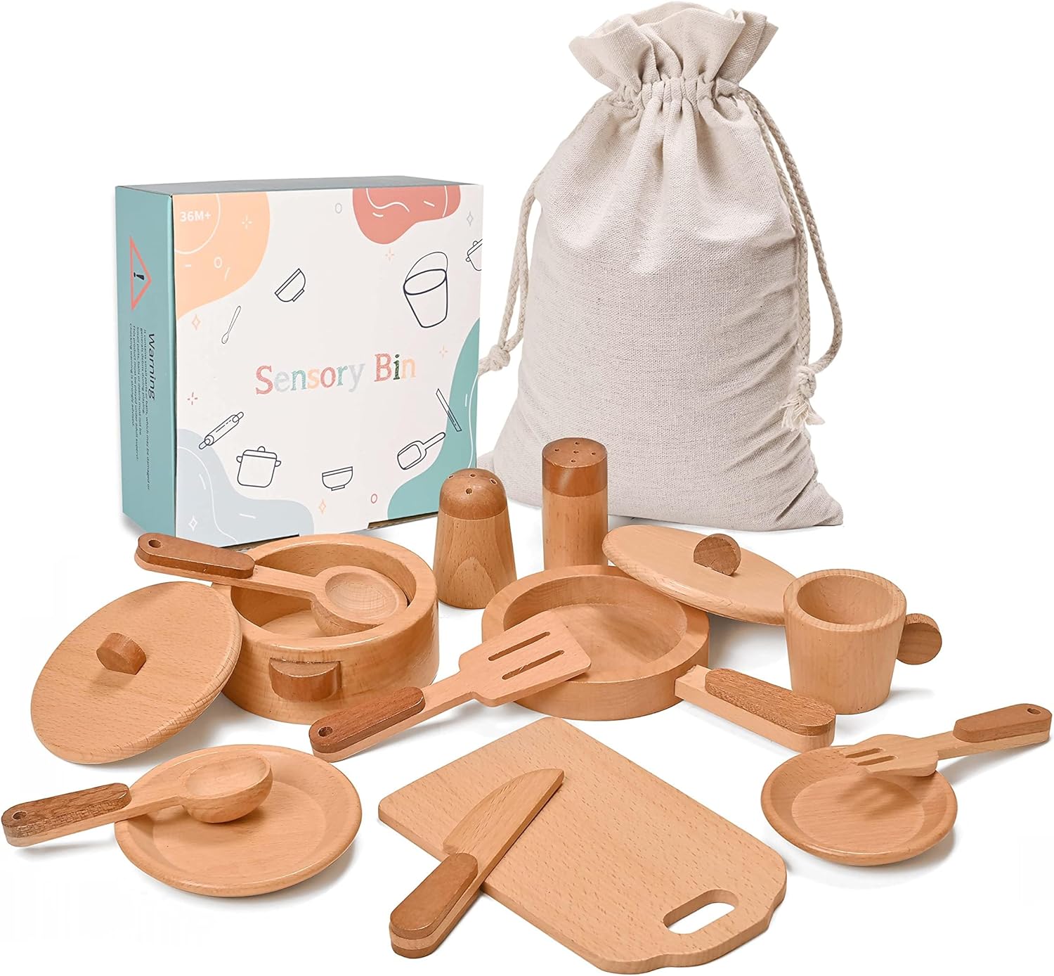 Wooden Play Kitchen Accessories 15-Piece Cooking Set with Storage Bag