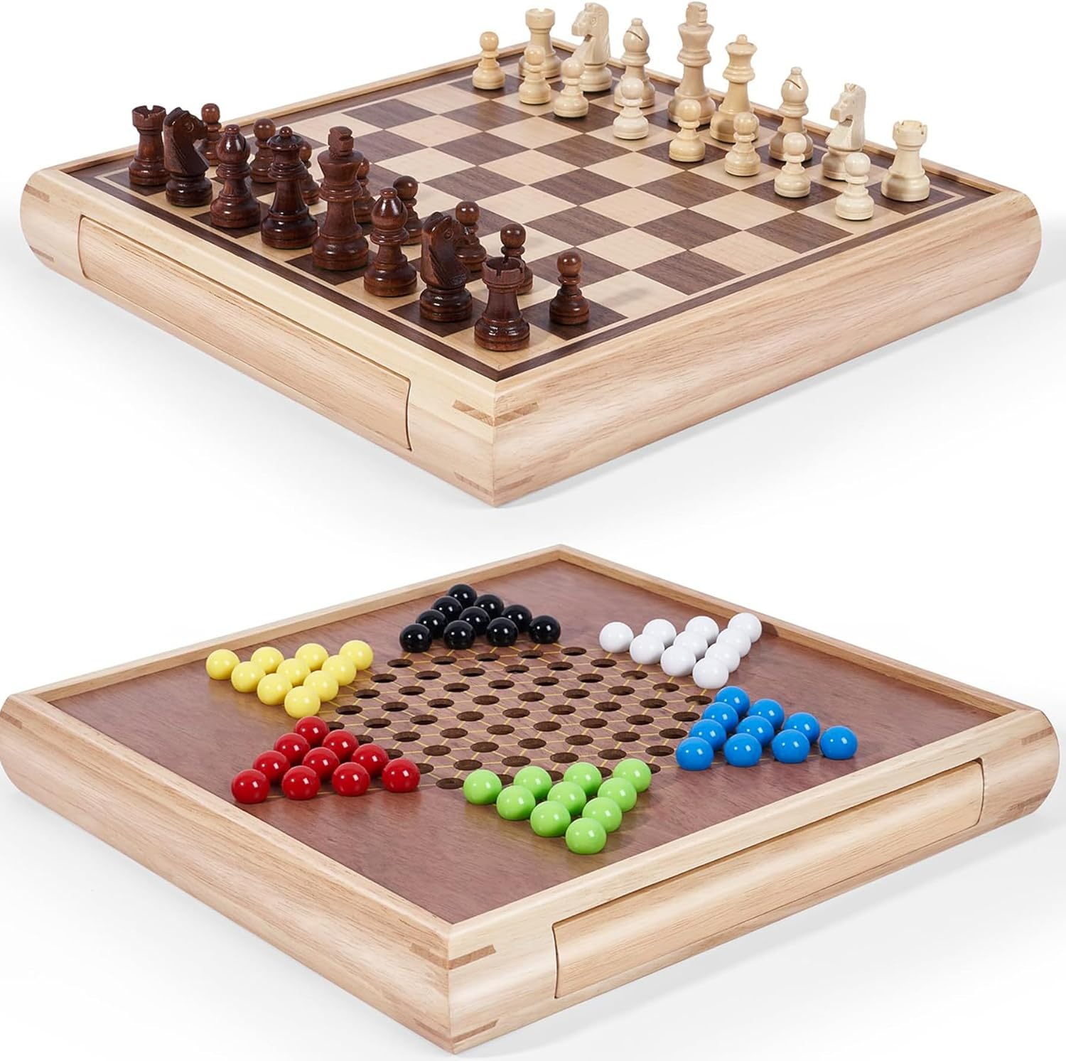 2-in-1 Chess and Chinese Checkers Wooden Board Game Set