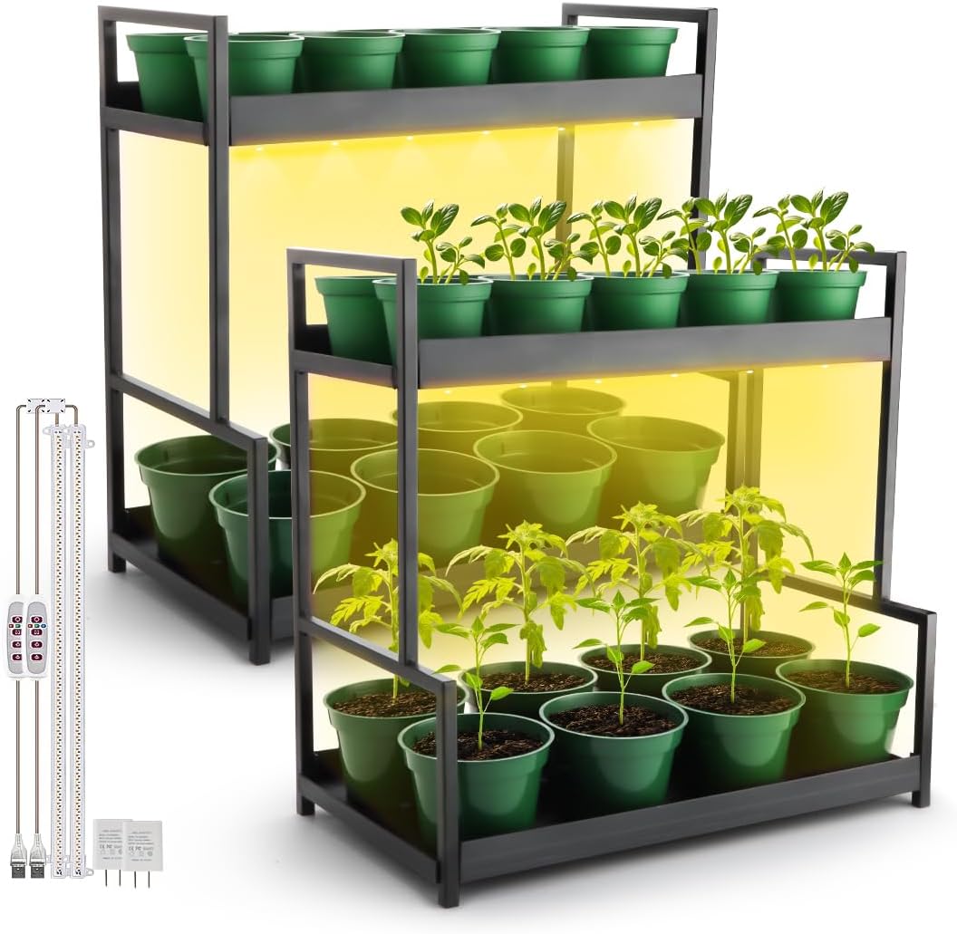 2-Pack Dual Tier Plant Stand with Grow Light and Green Plastic Nursery Pots for Plants