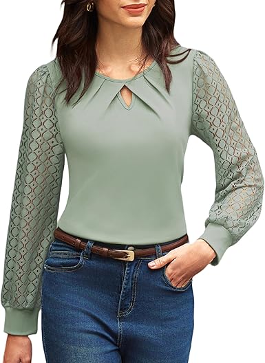 Lace Long Sleeve Women's Blouse Crew Neck Work Top