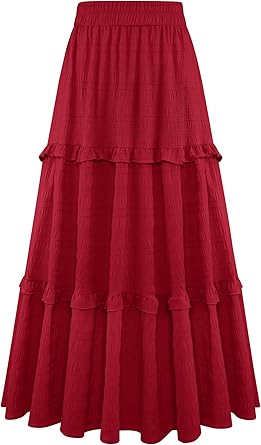 Maxi Skirt for Women High Waisted A-Line Tiered Long Skirt with Pockets