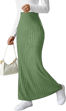 Women's Side Slit Ribbed Knit High Waisted Long Skirt