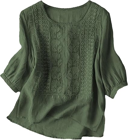 Cotton Linen Embroidered 3/4 Sleeve Summer Crew Neck Tunic