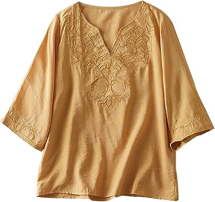 Embroidered Cotton Linen V Neck 3/4 Sleeve Boho Top