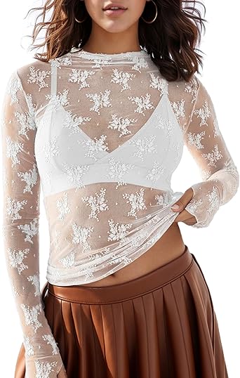 Lace Mesh Long Sleeve Mock Neck Top