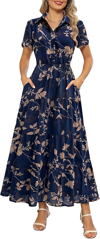 Women's Summer V-Neck Flowy Maxi Dress with Pockets