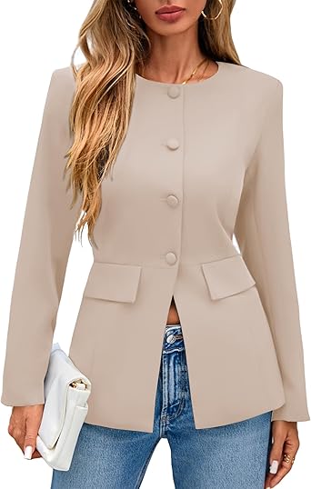 Women's Long Sleeve Crewneck Button Down Blazer with Pockets