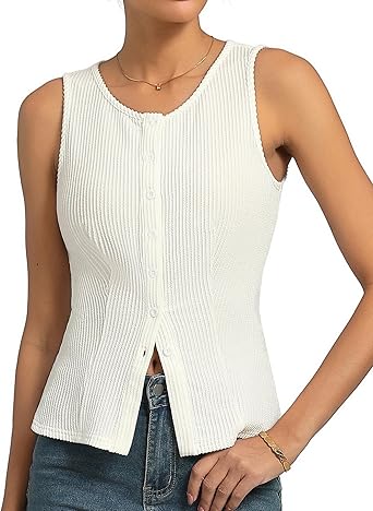 Women Sleeveless Ribbed Button-Up Tank Top