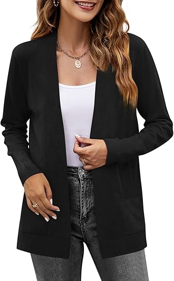 Womens Long Sleeve Open Front Knit Cardigan Sweater with Pockets