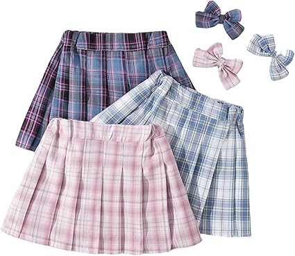 Girls Pleated Plaid Mini Skort with High Waist and Bow - 3 Pack