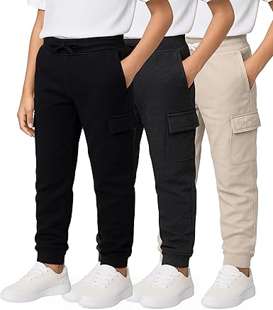 Boys' Cotton Fleece Cargo Joggers Athletic Sweatpants - 3 Pack